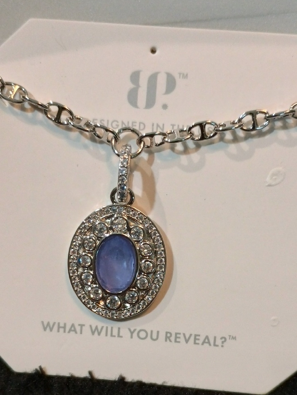 bp Silver-Tone Necklace with Blue Oval Pendant